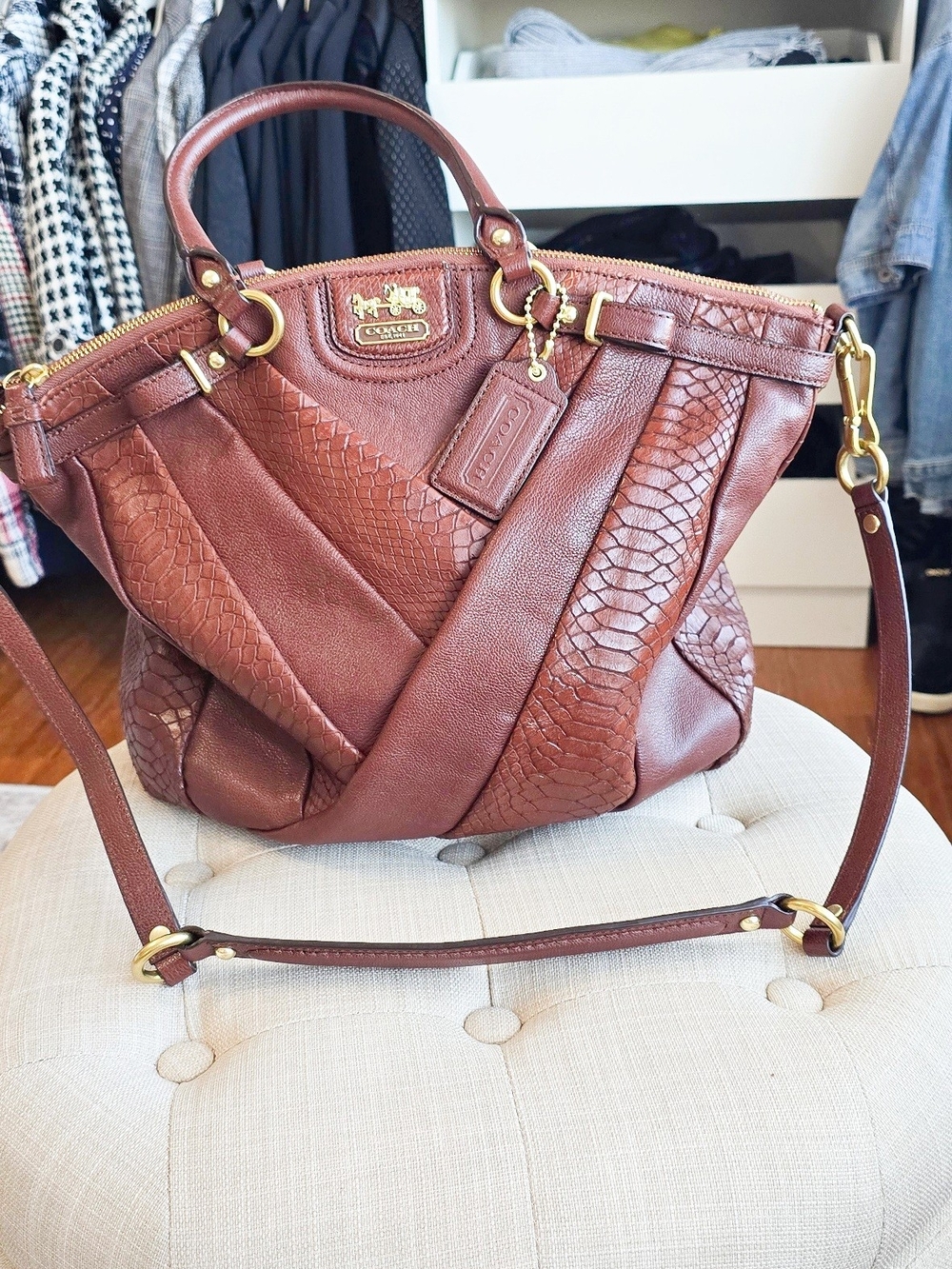 Coach Madison Large Tabacco Pyton/ Leather Patchwork Satchel with Gold Hardware - Picture 10 of 11